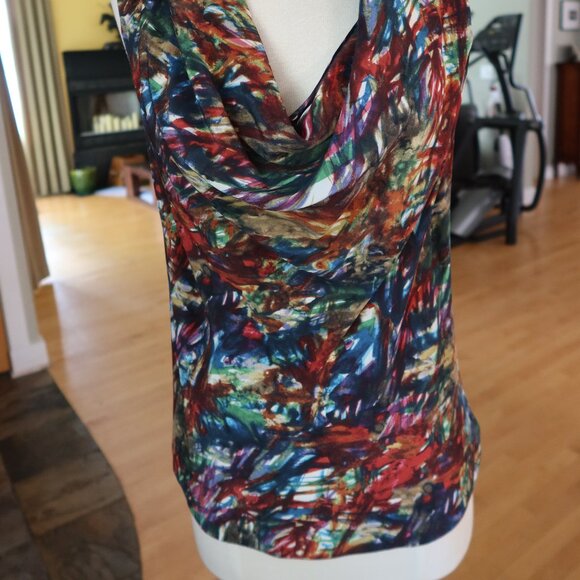 Theory 100% silk "Codey" blouse top cowl neck multicolor print size P $145 - Picture 2 of 12